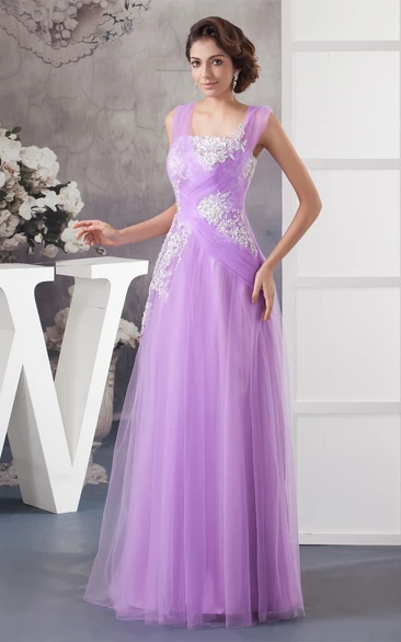 Strapped Maxi Tulle Dress With Appliques