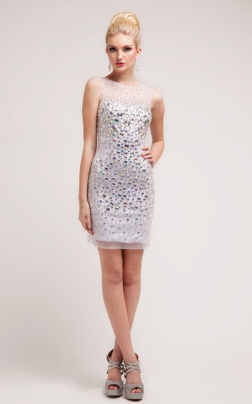 Pencil Short Bateau Sleeveless Dress With Crystal Detailing