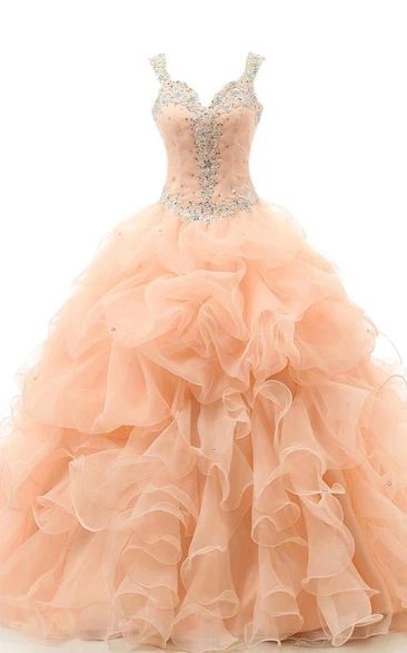 Ball Gown Floor-Length Sweetheart Sleeveless Beading Appliques Ruffles Organza Dress