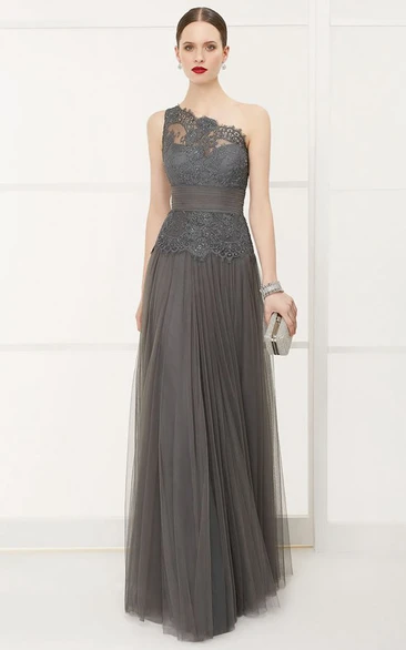 Lace Top One Shoulder A-Line Tulle Long Prom Dress With Bandage And Sequins