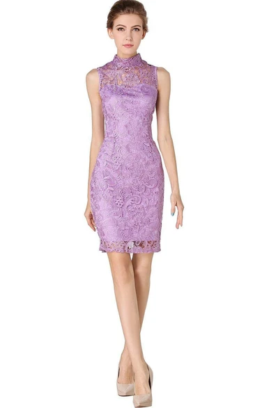 High-neck Short Lace Dress with Floral Detail and Illusion