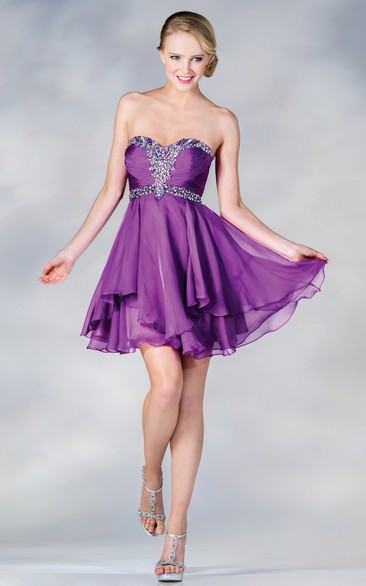 A-Line Short Sweetheart Sleeveless Chiffon Dress With Beading And Draping