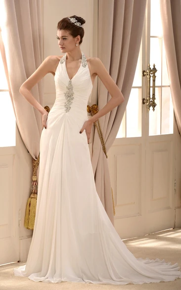 Elegant Chiffon A-line Halter Floor Length Pleat Wedding Dress