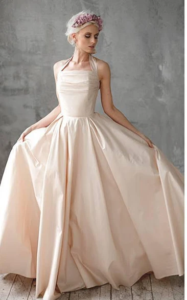 Halter Taffeta A-Line Dress With Ruching and Bow