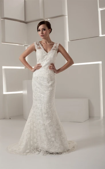 Caped-Sleeve Mermaid V-Neck Beading and Dress With Lace