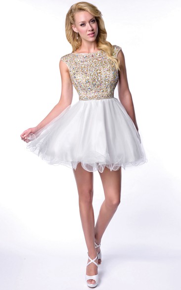 Mini Bateau Neck Keyhole Back Homecoming Dress With Tulle Skirt And Rhinestone Bodice