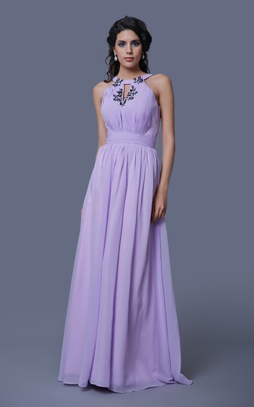 A-Line Sleeveless Chiffon Dress With Keyhole Back and Pleats