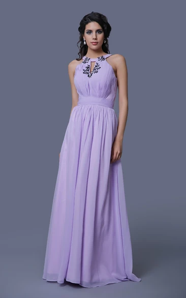 A-Line Sleeveless Chiffon Dress With Keyhole Back and Pleats