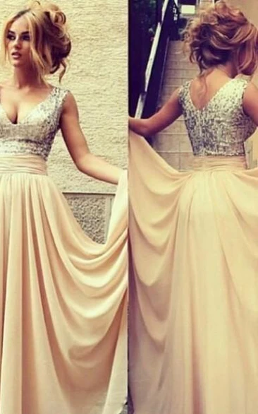 V-neck A-line Sleeveless Floor-length Beading Chiffon Dresses