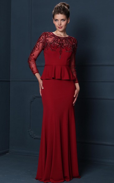 Sheath Maxi Long-Sleeve Beaded Scoop-Neck Jersey Mother Of The Bride Dress With Peplum