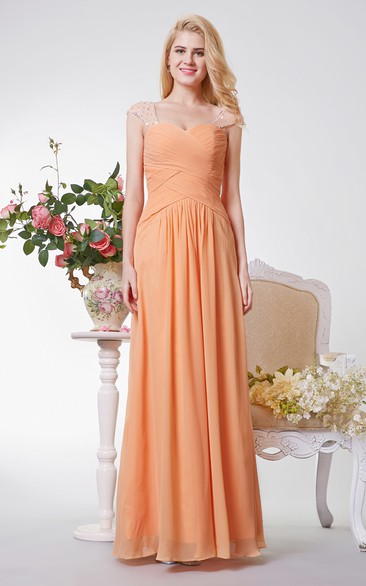 Sweetheart Criss Cross Ruched A-line Long Chiffon Dress