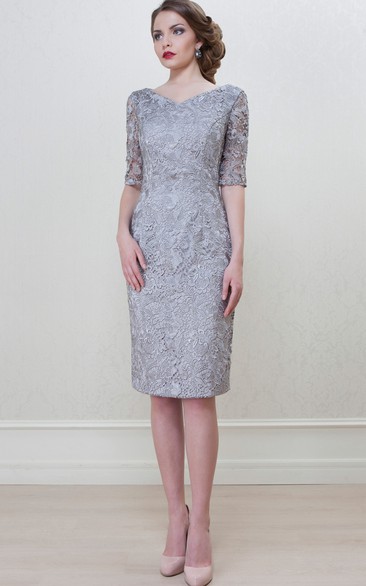 Pencil Knee-Length Half Sleeve Splitted V-Neck Lace Mother Of The Bride Dress