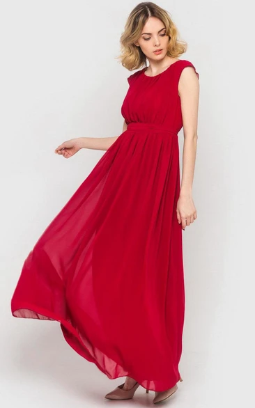 Scoop Neck Cap Sleeve Pleated A-line Chiffon Ankle Length Dress Red