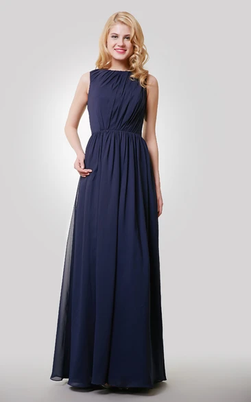 Sleeveless Chiffon Pleated Floor Length Dress With Keyhole Back