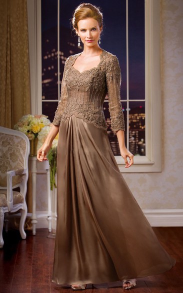 3-4 Sleeved Long Mother Of The Bride Dress With Keyhole Back And Beadings