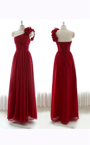 Floor-length One-shoulder Chiffon Dress with Flowers