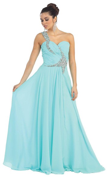 One-shoulder A-line Chiffon Dress With Beadings