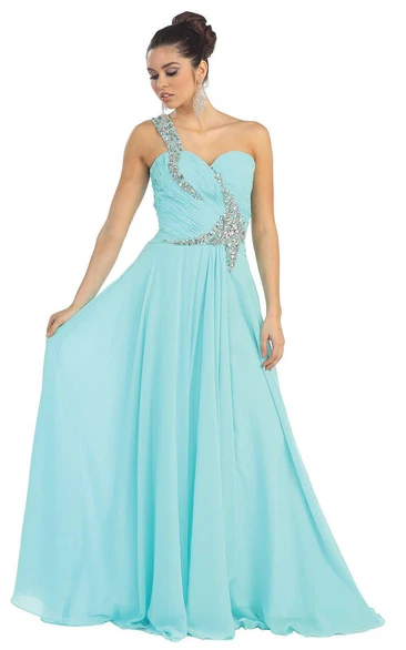 One-shoulder A-line Chiffon Dress With Beadings