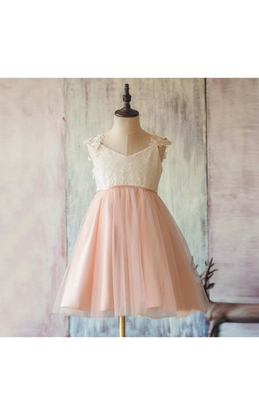 V Neck Cap Sleeve Pleated A-line Tulle Tea Length Dress With Applique