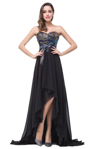 Newest Black Chiffon Peacock Prom Dress Hi-Lo Sweep Train