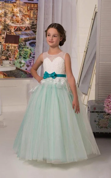 Flower Girl Illusion Neckline Tulle Ball Gown With Appliqued Top