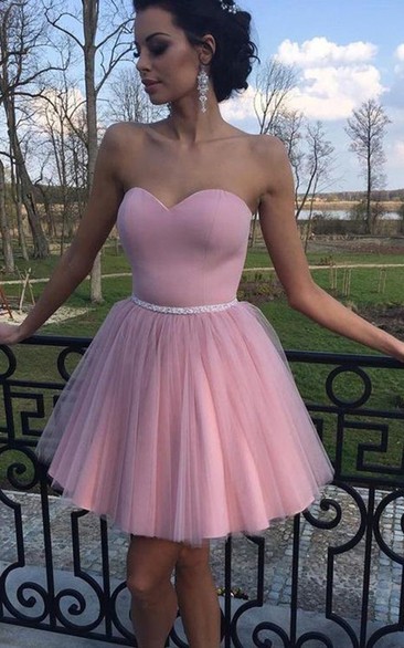 A-line Sleeveless Satin Tulle Sweetheart Short Mini Homecoming Dress