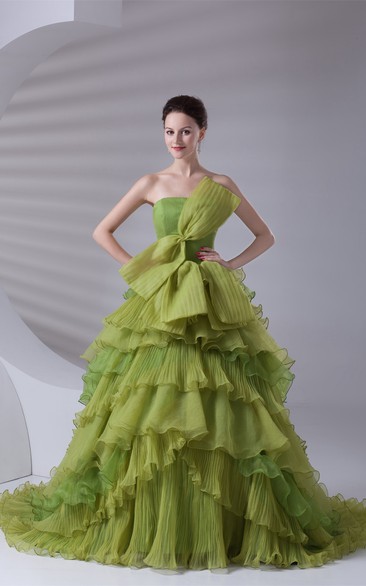 Strapless A-Line Tiered Bow and Ball-Gown With Ruffles