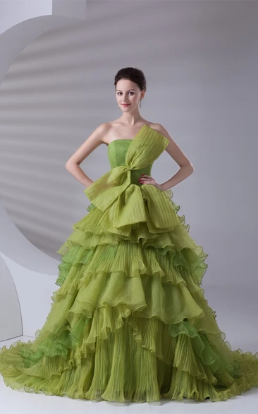Strapless A-Line Tiered Bow and Ball-Gown With Ruffles