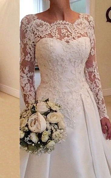 Elegant Illusion Long Sleeve Wedding Dress With Lace Appliques