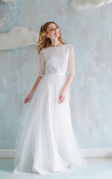 A-Line Long Tulle Lace Satin Dress With Flower Button