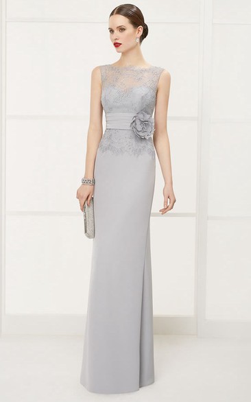 Illusion Bateau Sleeveless Sheath Long Dress With Lace Top And Waist Flower