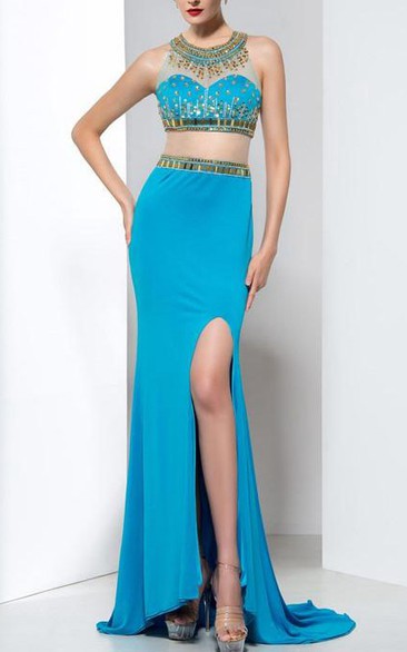 Two-Piece Beading Split-Front Prom Dress