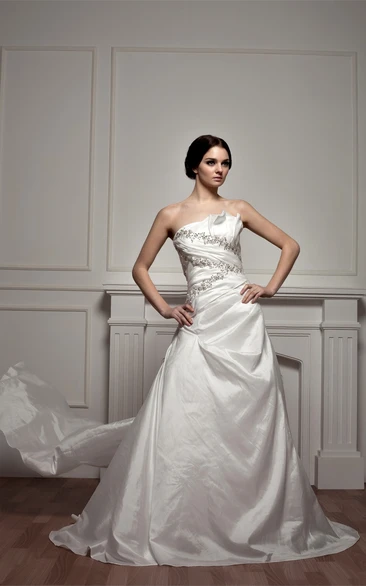 Strapless A-Line Taffeta Brush Train and Dress With Beading