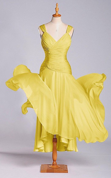 Delicate A-line Tea-length V-neck Chiffon Dress