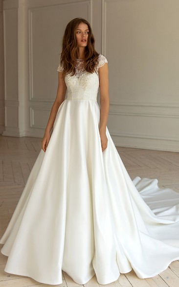 Modern Satin A Line Court Train Short Sleeve Wedding Dress with Appliques