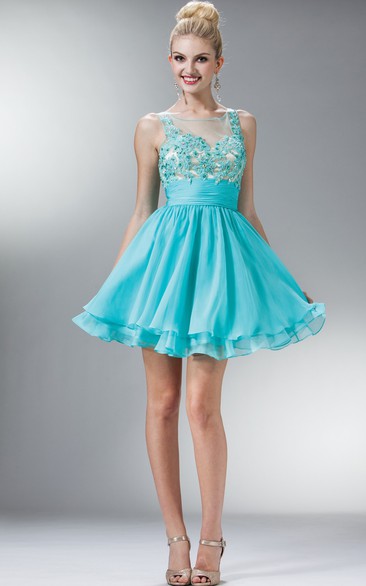 A-Line Short Bateau Sleeveless Chiffon Dress With Appliques And Tiers