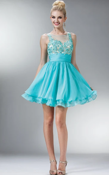 A-Line Short Bateau Sleeveless Chiffon Dress With Appliques And Tiers