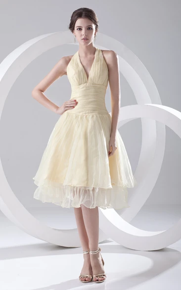 V-Neck Organza Short Dress With Pleating and Zipper-Back