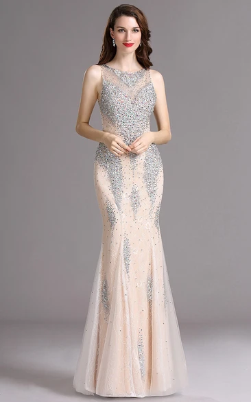 Sheath Bateau Sleeveless Tulle Beading Illusion Dress