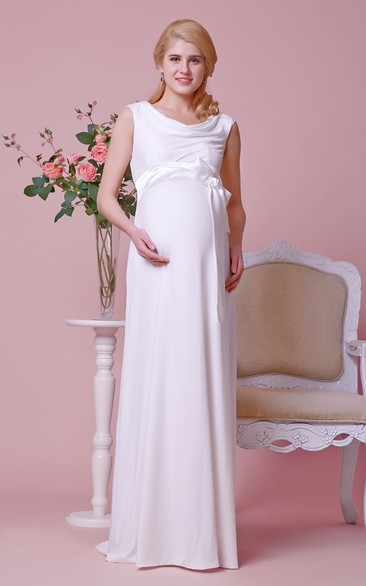 Scoop Neck Cap-sleeved A-line Chiffon Long Dress With Satin Sash