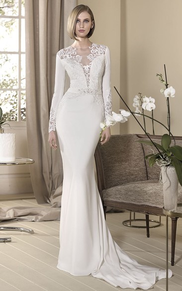 Sheath Long Appliqued High-Neck Long-Sleeve Jersey Wedding Dress With Beading