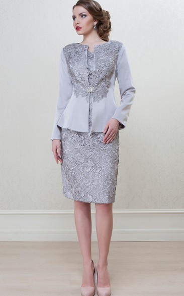 Pencil Knee-Length Long Sleeve Bateau Neck Appliqued Satin Mother Of The Bride Dress