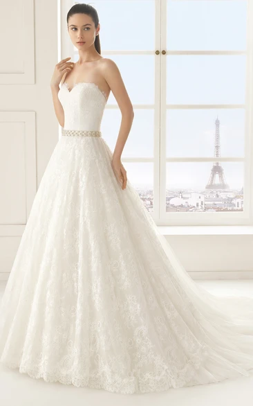 Sleeveless Sweetheart Lace A-line Dress With Beading Sash