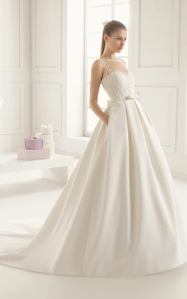 Satin Jewel-Neck Gown With Flower At Back