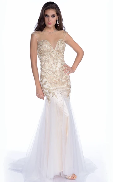 Form-Fitted Tulle Sweetheart Jeweled Gown With Keyhole Back