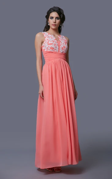 Sleeveless A-Line Chiffon Dress With Lace Appliques and Notched Neck