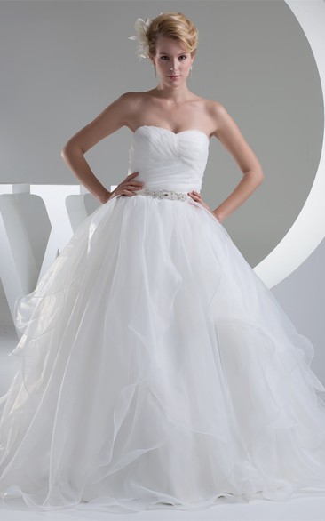 Sleeveless Ruched Tulle Overlay and Ball-Gown With Broach