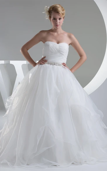 Sleeveless Ruched Tulle Overlay and Ball-Gown With Broach