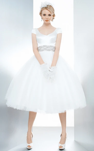 A-Line Tea-Length Cap Sleeve Jeweled V-Neck Tulle Wedding Dress With Bow