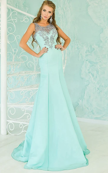 Sheath Sweep Jewel Sleeveless Chiffon Appliques Beading Illusion Dress